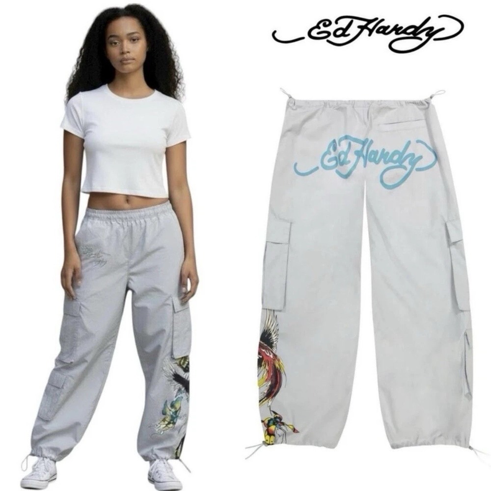 ED HARDY Butterflies Poplin Cargo‎ Pant Light Grey Size L  EHW8002-6 NWT 0697